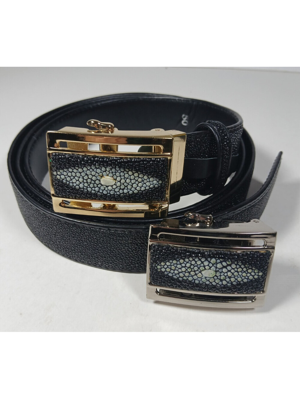 CROTON STINGRAY SKIN BLACK exotic LEATHER MENS AUTO LOCKING BELT 2 Buckles NIB
